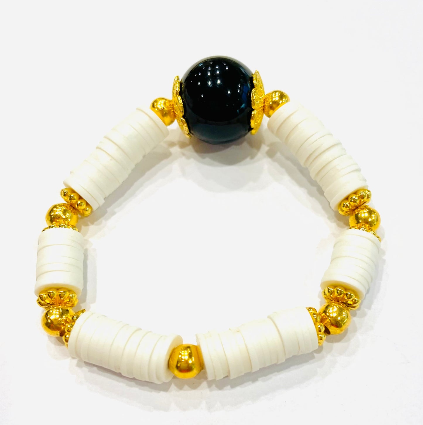 Sporty Black Onyx & White Heishi Polymer Bracelet