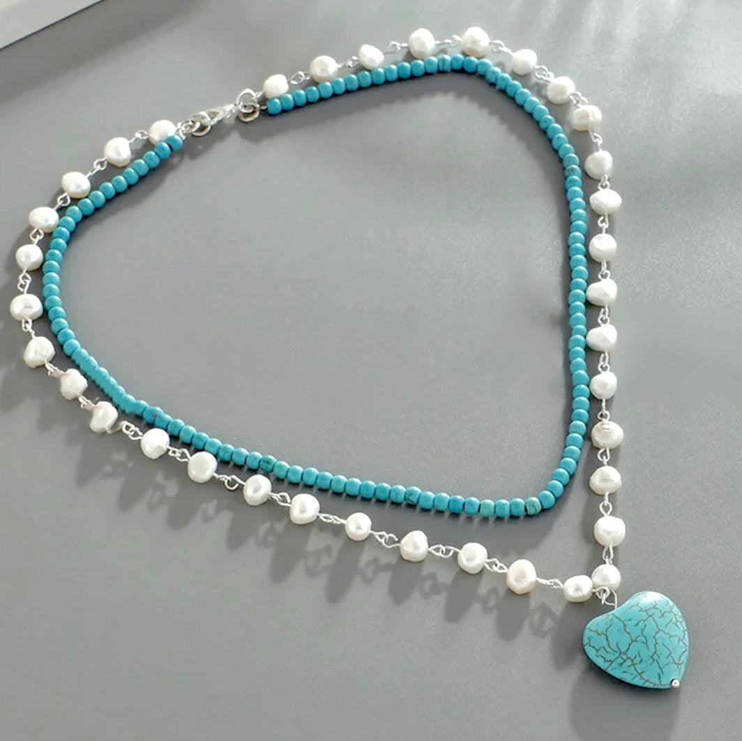 Double-Strand Turquoise and Pearl Gemstone Silver Pendant Necklace 17”-20”
