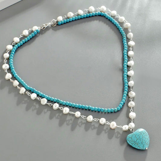 Double-Strand Turquoise and Pearl Silver Pendant Necklace 17”-20”