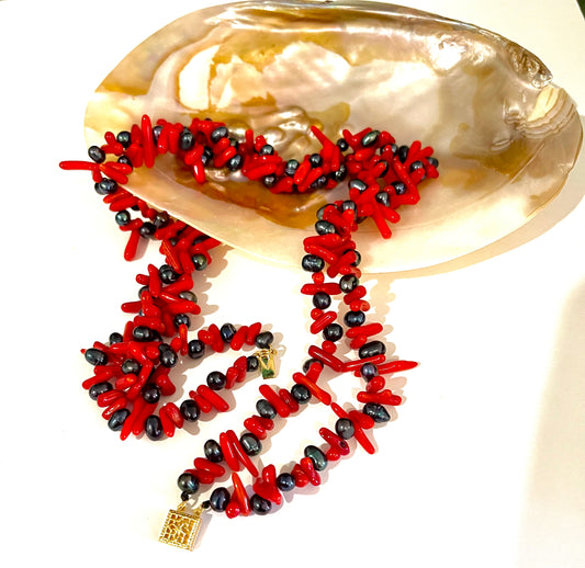 Tahitian Black Pearl & Red Coral Statement Necklace 20”