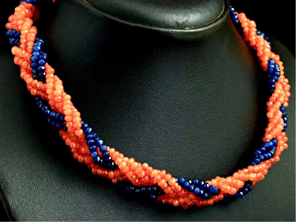 Stylish Orange Carnelian & Blue Onyx Gemstone Multi-Strand Statement Necklace 21"