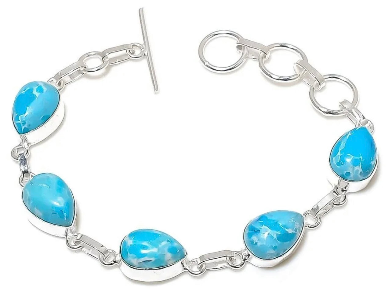 Sterling Silver Blue Larimar Gemstone Adjustable Chain Bracelet 7-8"
