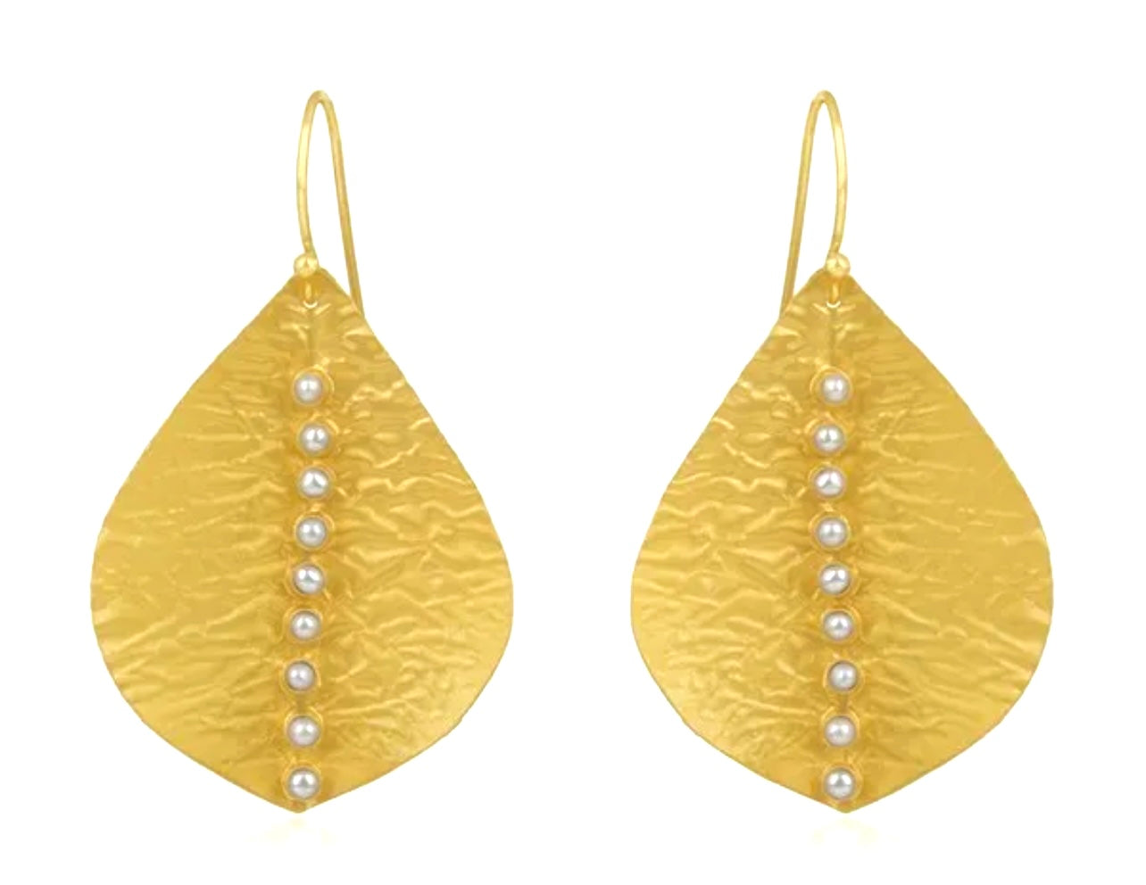 Gorgeous 24k Gold Vermeil Pearl Leaf-Shaped Earrings 2”