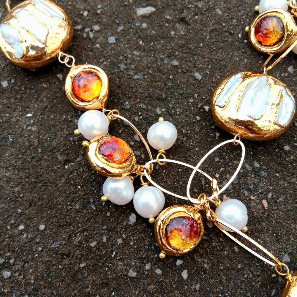 Orange Murano Baubles and Freshwater Pearls 22k Gold Chain Statement Necklace