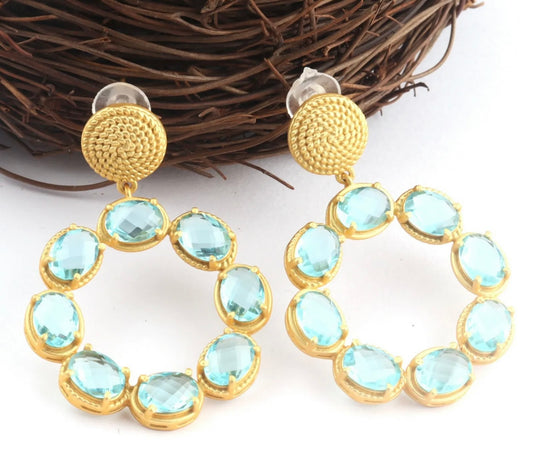 Light Blue Swiss Quartz Gemstones Gold Twisted Statement Earrings 2”