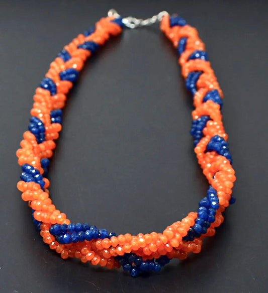 Stylish Orange Carnelian & Blue Onyx Gemstone Multi-Strand Statement Necklace 21