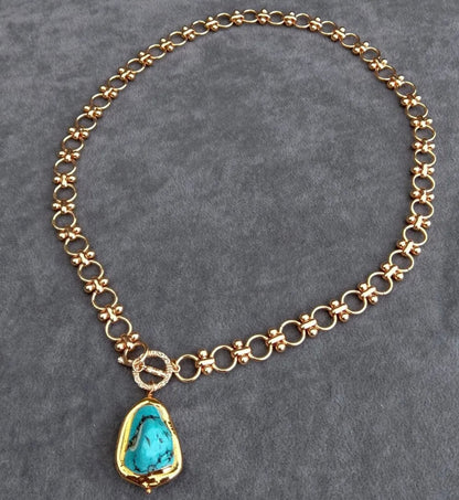 Gold Circle  Chain Turquoise Pendant Neckalce 21”