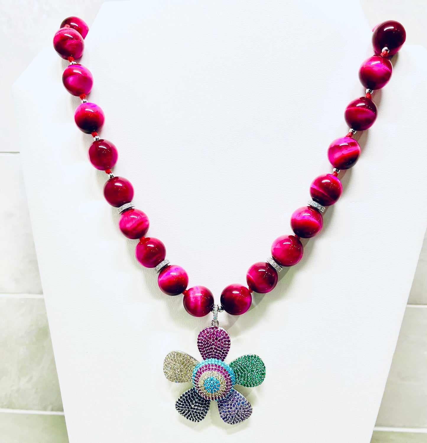 Vivid Fuchsia Tiger’s Eye & Colorful Pave Flower Pendant Statement Necklace 24”