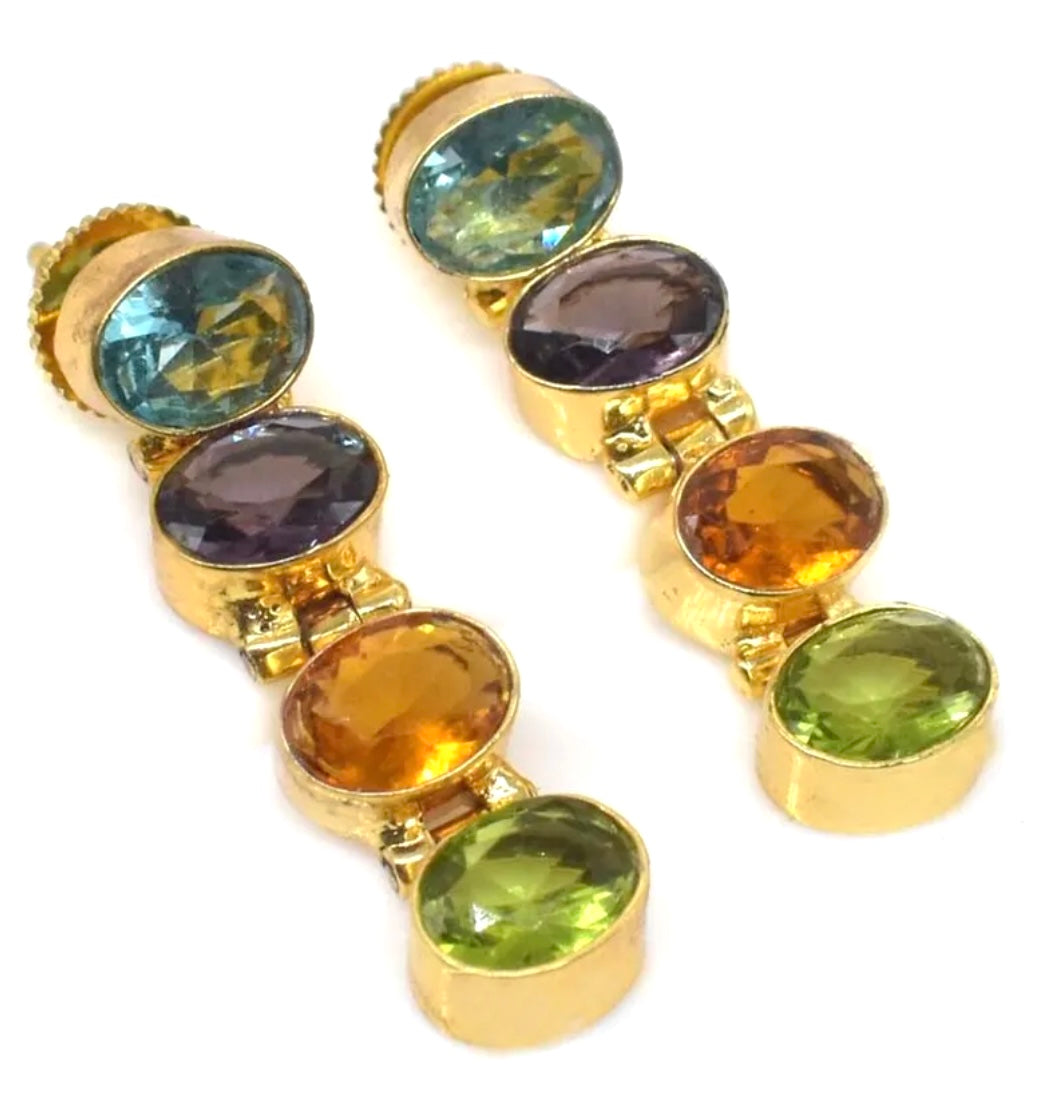 Multi-Gemstone Topaz, Ameythst, Citrine and Peridot Gemstone Dangle Earrings 1.5”