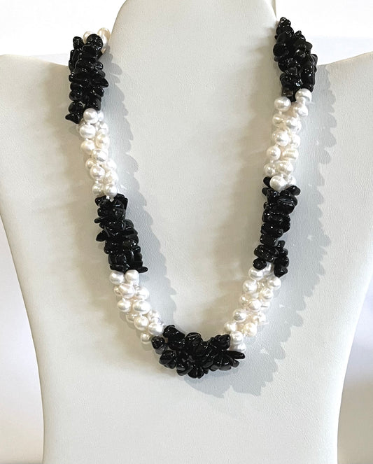 Black Onyx Gemstones and Freshwater Pearls  Triple-Strand Statement Necklace 19"