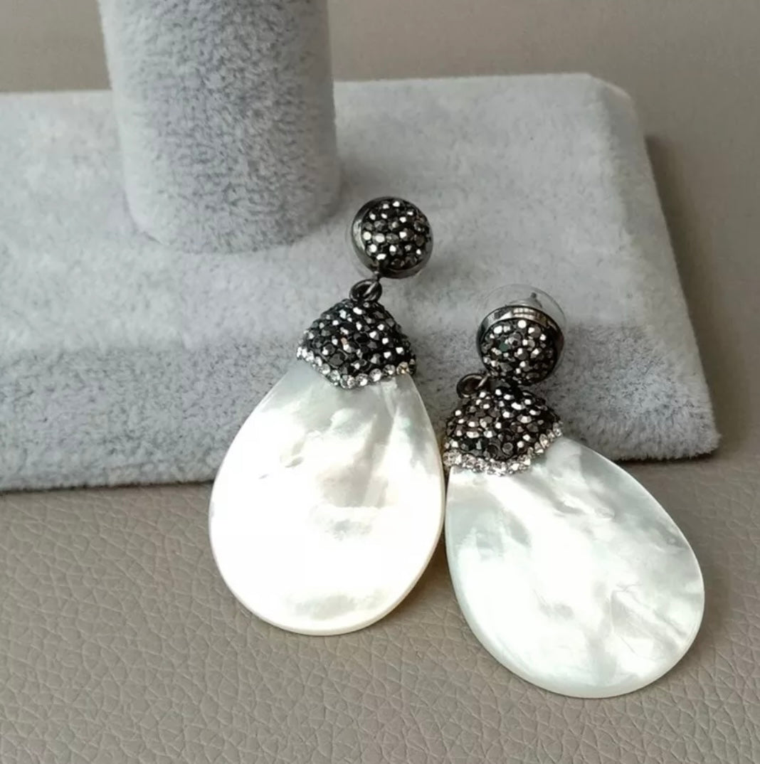 Black Marcasite and White Mother Of Pearl Gemstone Dangle Earrings 2"