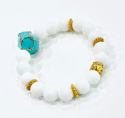White Alabaster Gemstone & Turquoise Enamel Bracelet
