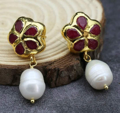 Jade Gemstones & Freshwater Pearls Stud Earrings 1.5”