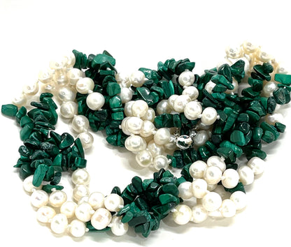 Green Malachite and Freshwater Pearls Triple-Stand Statement Necklace 18"