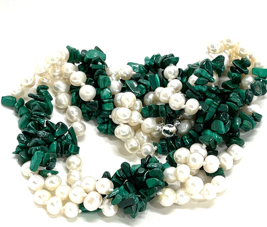 Green Malachite and Freshwater Pearls Triple-Stand Statement Necklace 18