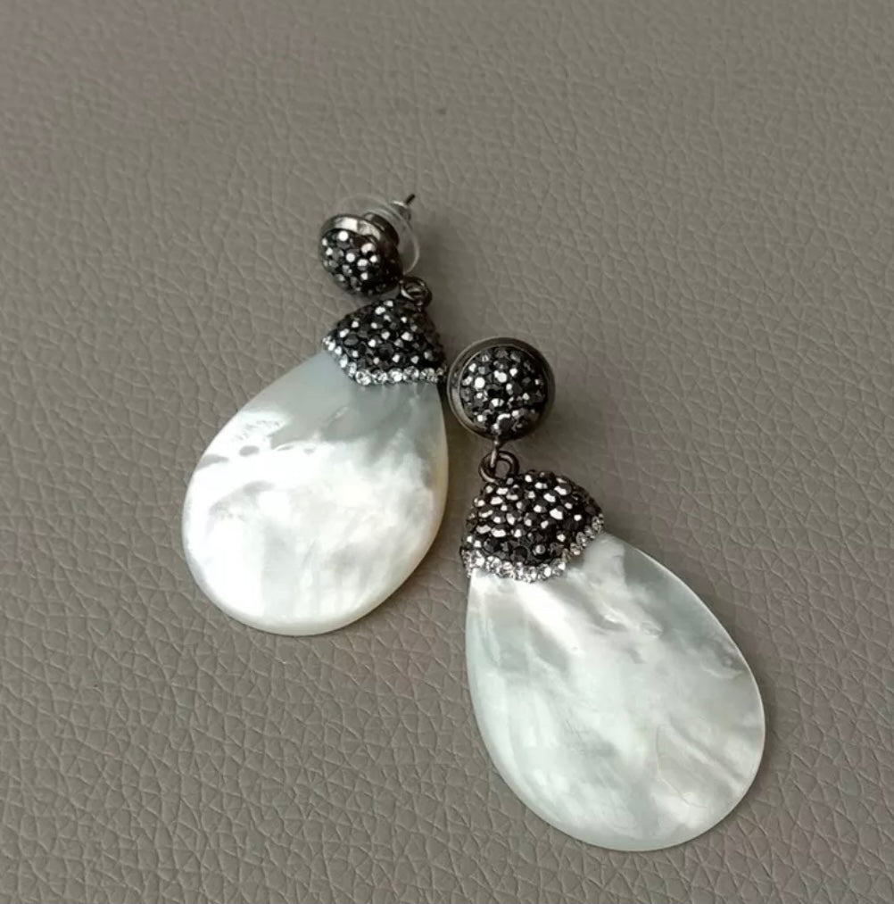 Black Marcasite and White Mother Of Pearl Gemstone Stud/Dangle Earrings 2"