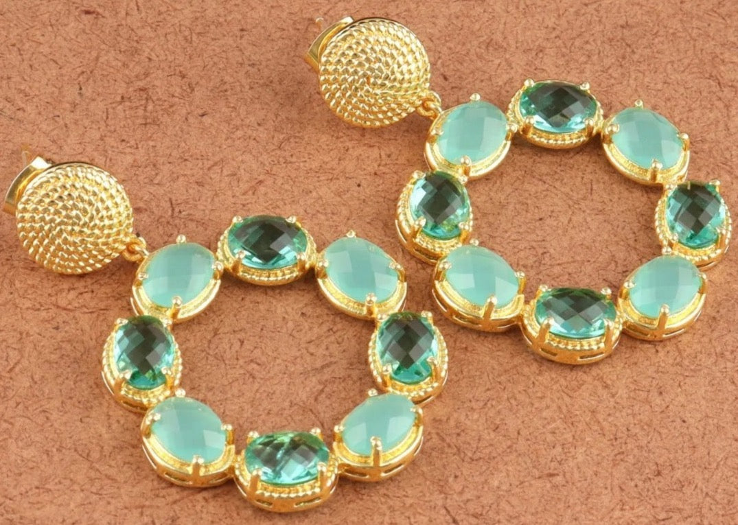 Aqua Chalcedony Gemstone Gold Twisted Statement Earrings 2”