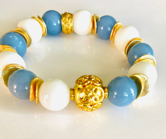 Lovely Blue Angelite & Alabaster Gemstone Gold Vermeil Bracelet
