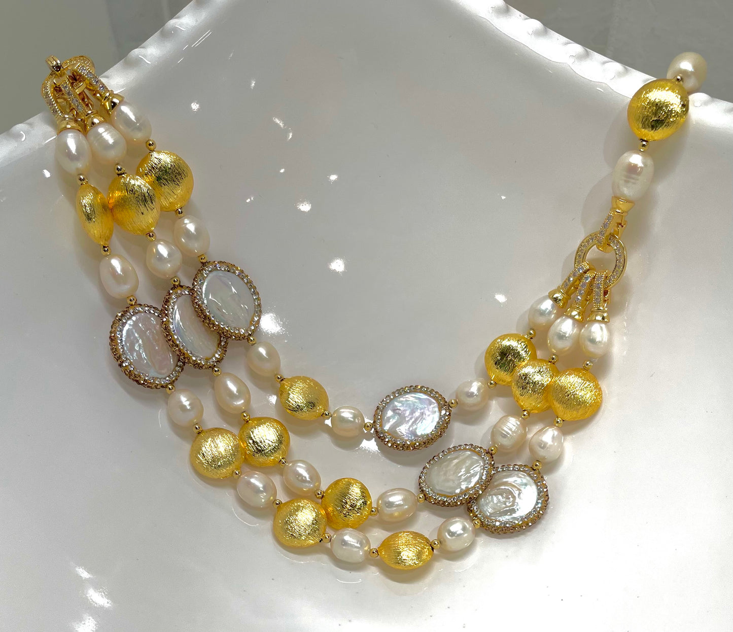 Glamoreous White Rice Cultured Pearls & Brushed Gold Vermeil Statement Necklace