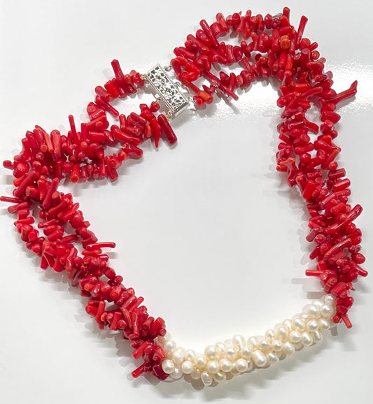 Red Coral & Freshwater Pearls Triple-Strand Statement Necklace 21