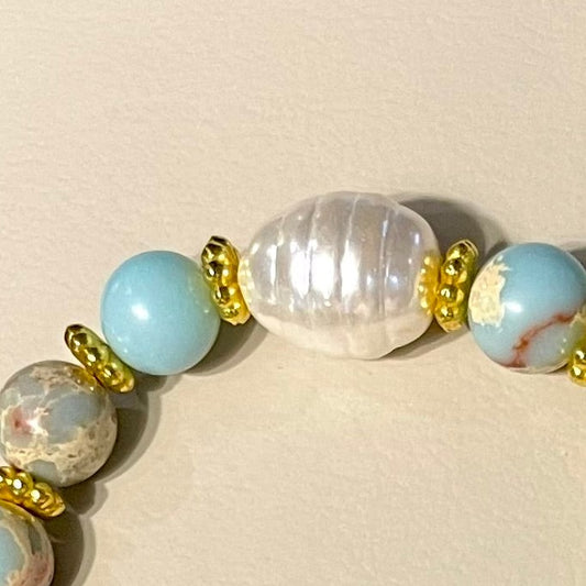 Aqua Terra Impression Jasper and Pearl Gold Beaded Bracelet
