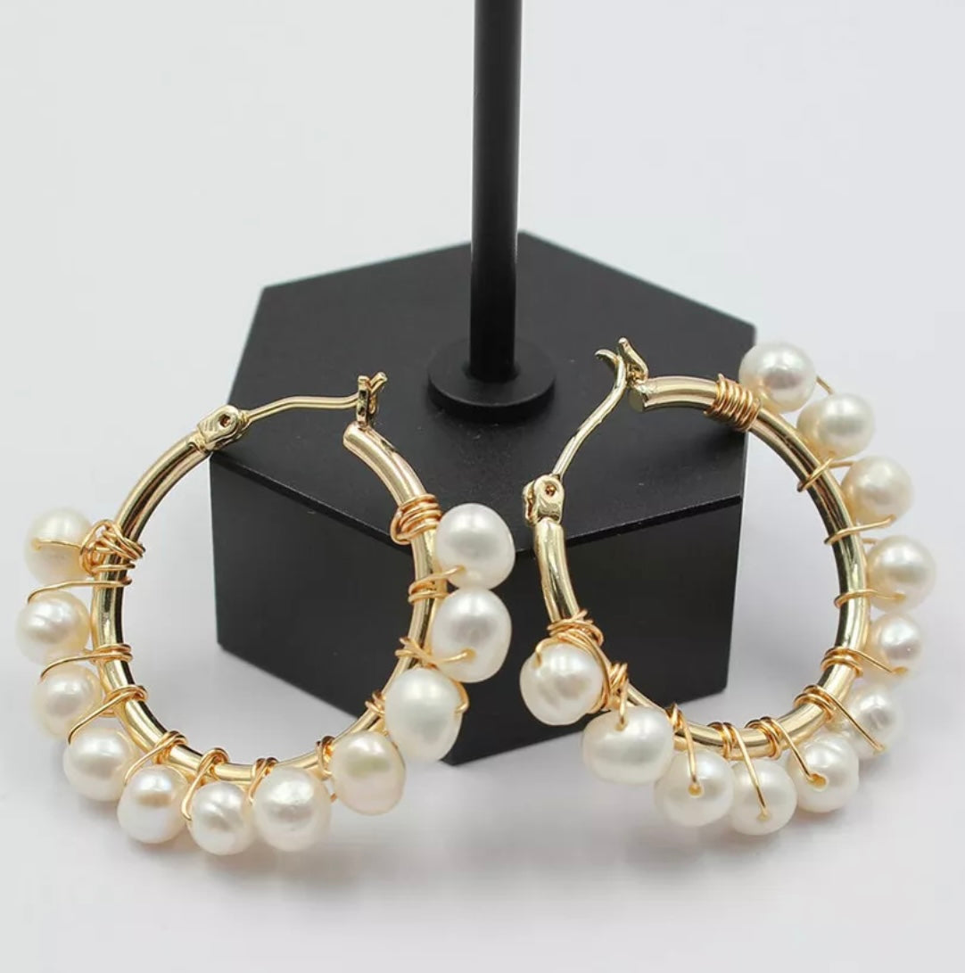 Medium-Size Gold Freshwater Pearl Hoop Earrings