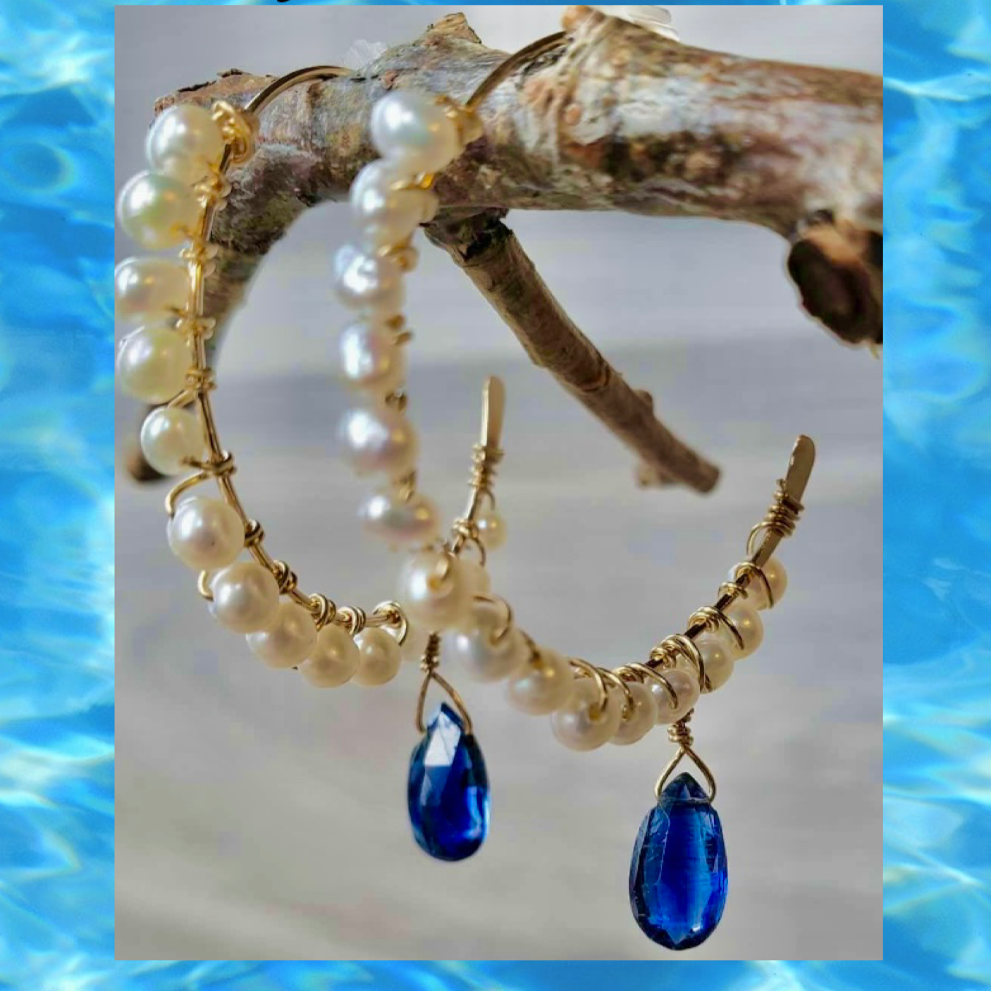 Elegant Gold Filled Freshwater Pearls 26mm Hoops w/Kyanite Briolette Drop
