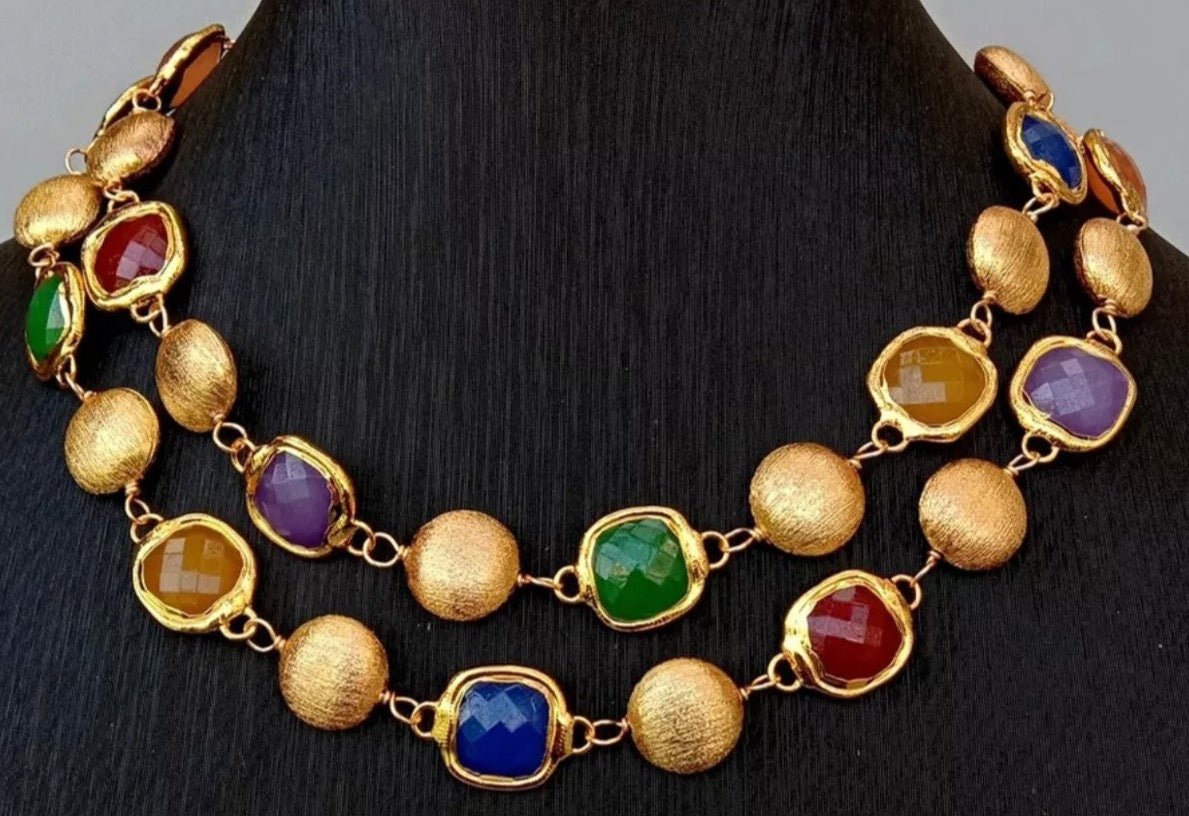 Multi-Colored Jade 18k Brushed Gold Vermeil Statement Necklace