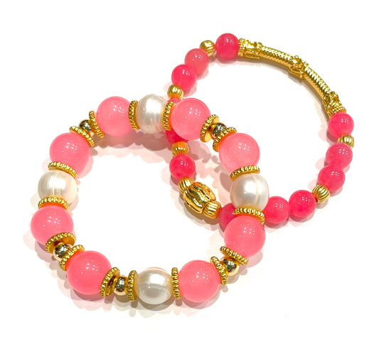 Two-Tone Pink Quartz & Freshwater Pearl Gold Bracelet Set