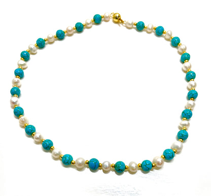 Genuine 7-8mm Natural Freshwater Pearl & Turquoise Necklace 18"