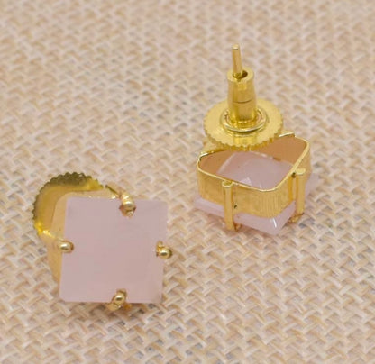 Diamond-Shaped Rose Quartz Gemstone Stud Earrings 1"