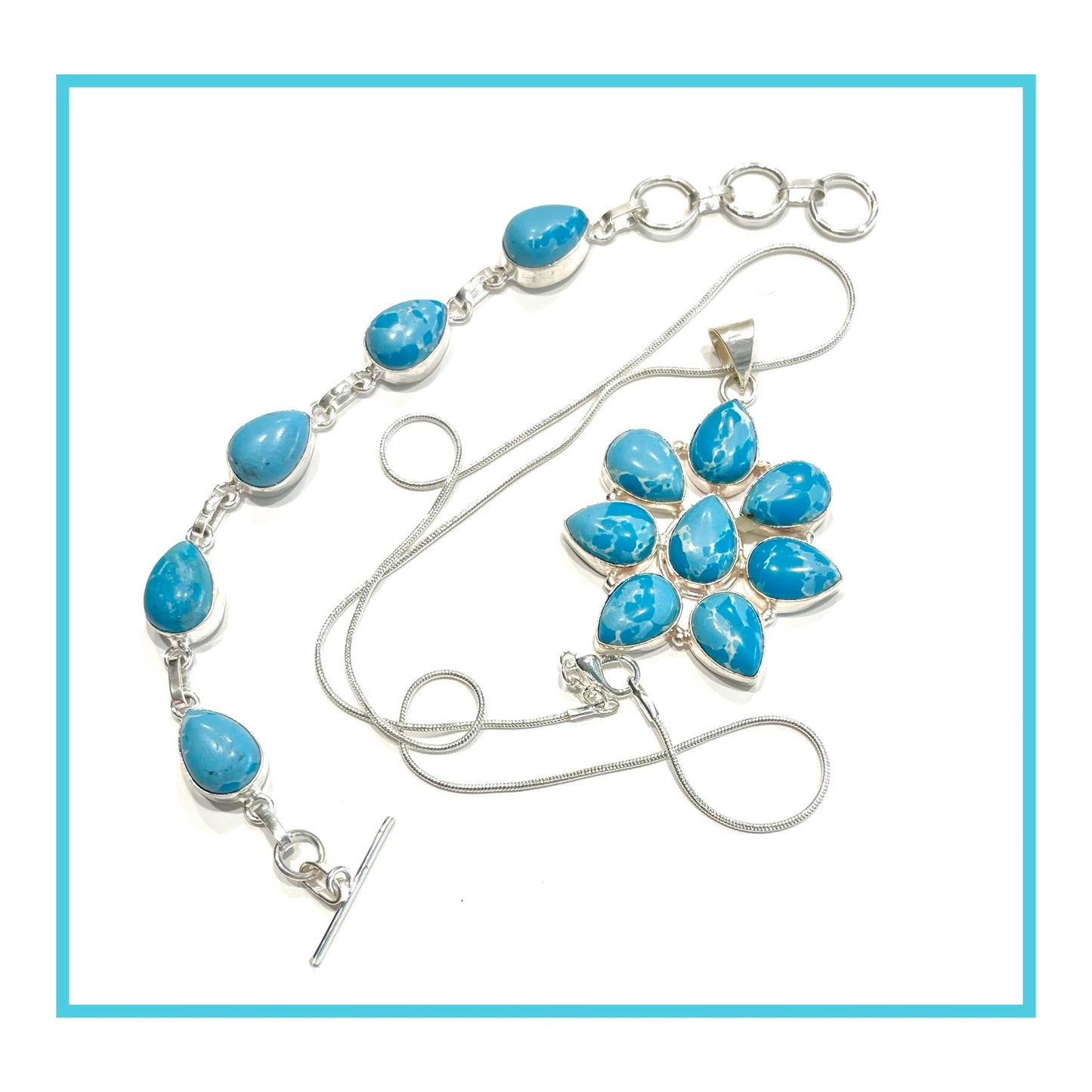 Caribbean Blue Larimar Gemstone Silver Bracelet and Pendant Necklace