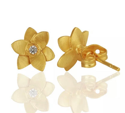 Petite Gold Plumeria Flower Stud Earrings with White Topaz Gemstone Accent