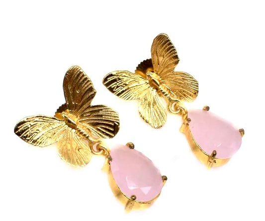 Light Pink Rose Quartz Butterfly Earrings 1.25"