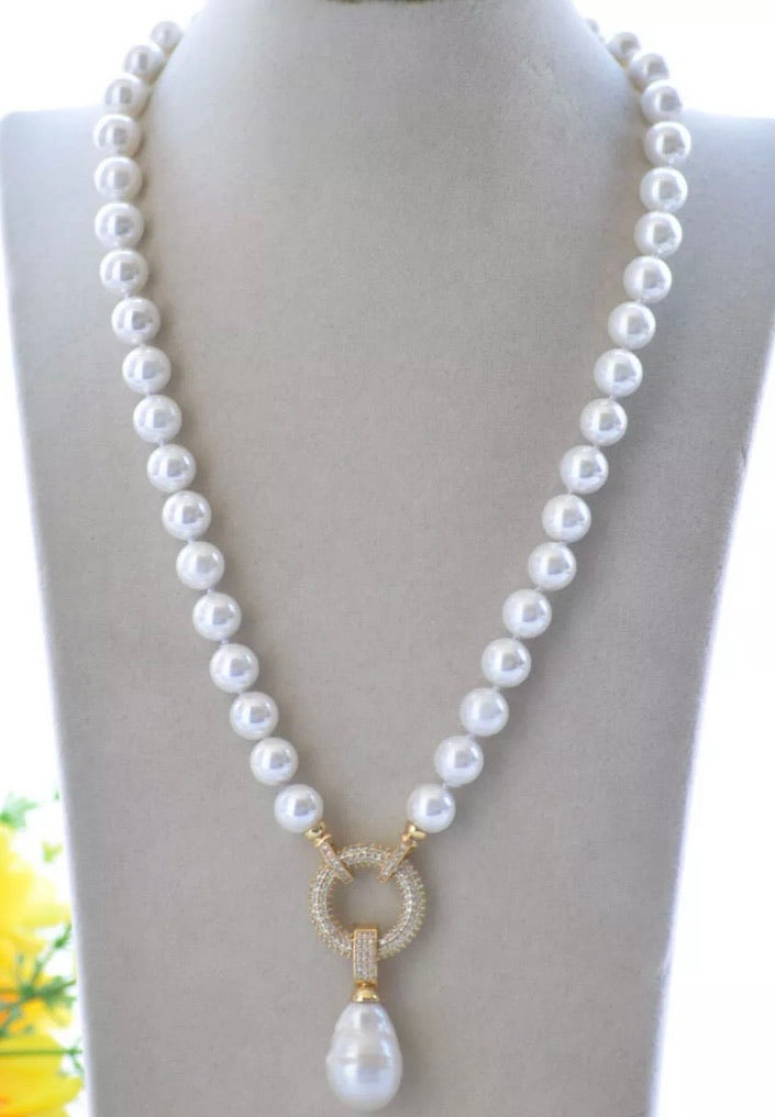 Detachable Keshi Pearl Drop Gemstone Double-Knotted Pearl Statement Necklace 18"