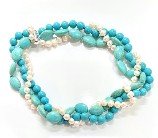 Triple-Strand Turquoise and Pearl Statement Necklace