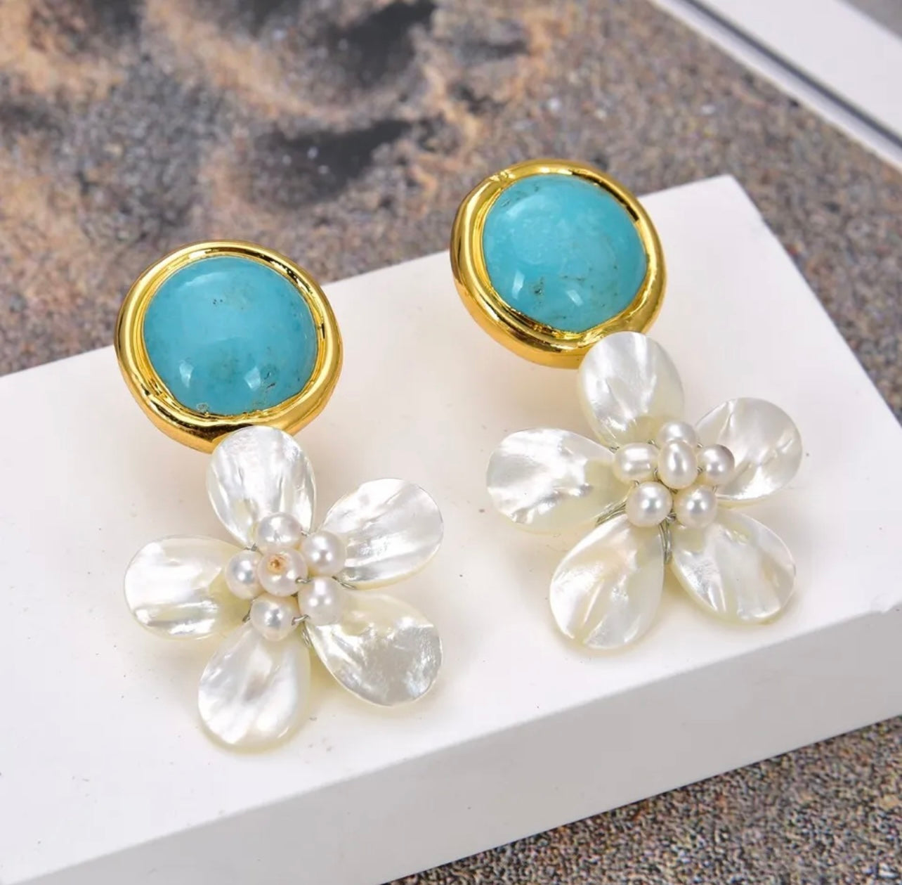 Turquoise and Pearl Gemstone Flower Statement Earrings 2.2”