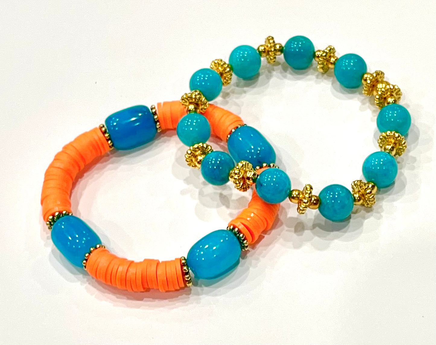 Blue Amazonite Gemstones and Orange Heishi Beaded Bracelet Stack