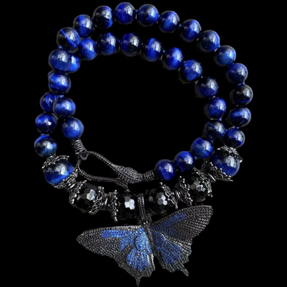Stunning Blue Hawk's Eye Gemstone Pave Butterfly Pendant Necklace 20"
