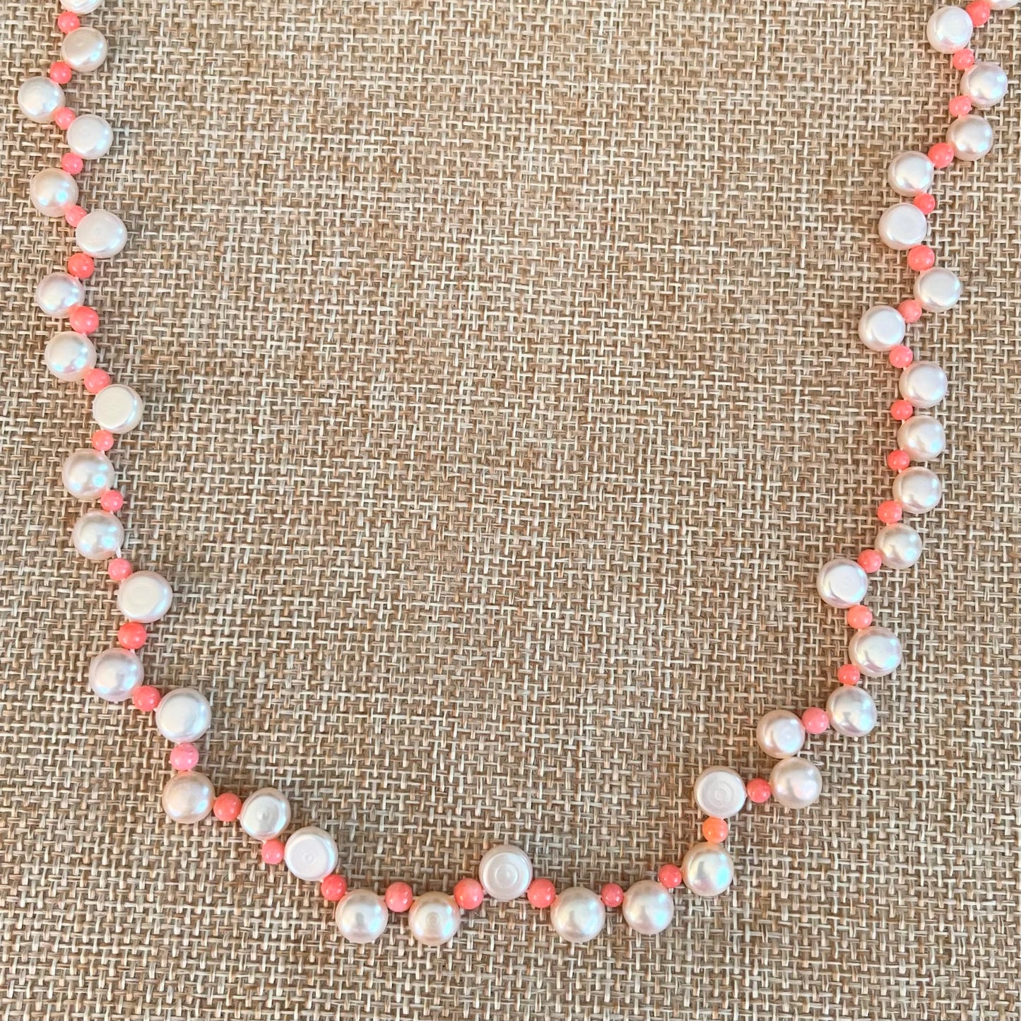 Dainty Pink Coral and White Button Pearl Necklace 17"