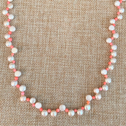Dainty Pink Coral and White Button Pearl Necklace 17