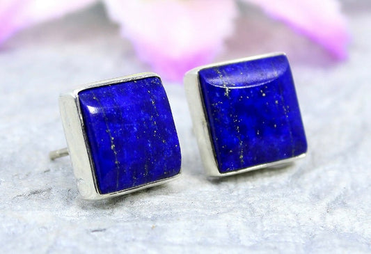 Sterling Silver Square Lapis Lazuli Gemstone Studs