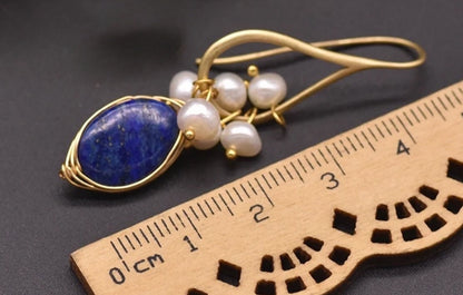 Lapis Lazuli and Pearl Gemstone Dangle Earrings 1.5"