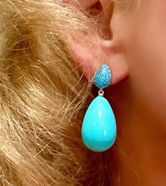 Sleeping Beauty Turquoise Teardrop Pave Stud Earrings 1.4”