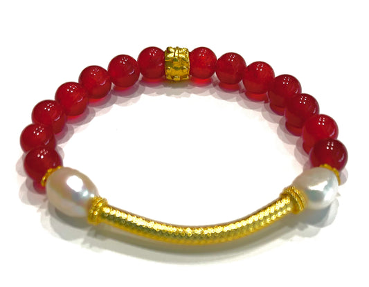 Red Aventurine and Pearl Gemstone Gold Vermeil Bali Beaded Bracelet