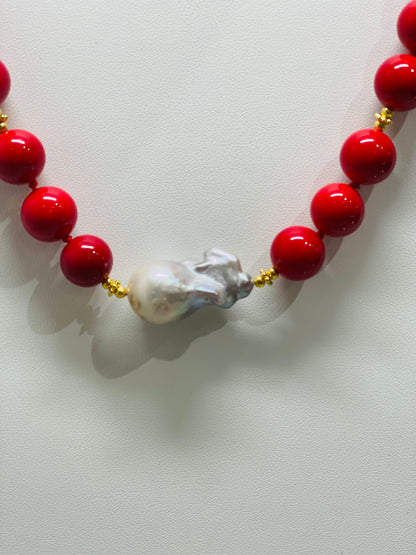 Red Coral & White Baroque Pearl Gemstone Statement Necklace 18"