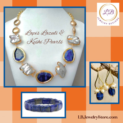 Lapis Lazuli, Keshi Pearl Gold Vermeil Chain Necklace, Earrings and Bangle Bracelet Set