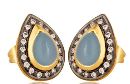 Pear-Shaped Aqua Chalcedony Pave Gemstone Earrings