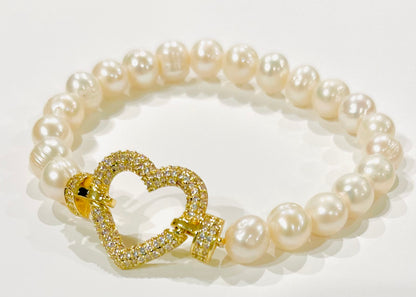 Freshwater Pearl Bracelet with Micro Pave Heart Center Accent