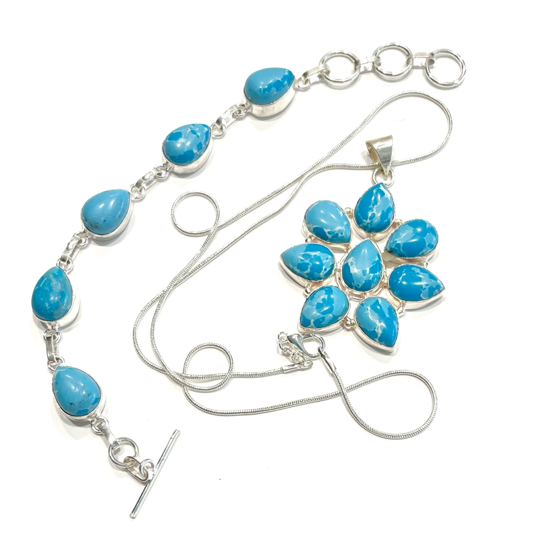 Caribbean Blue Larimar Gemstone Silver Bracelet and Pendant Necklace